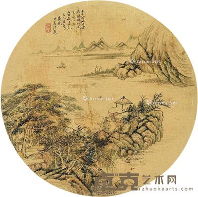  远山溪居 团扇片 设色绢本 直径26cm