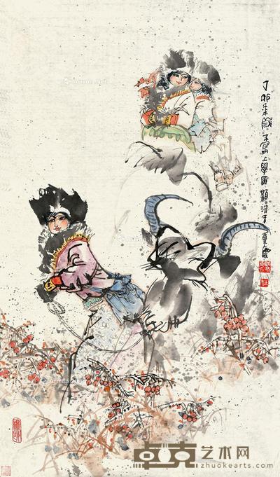丁卯(1987)年作 上学图 镜片 设色纸本 118×70cm