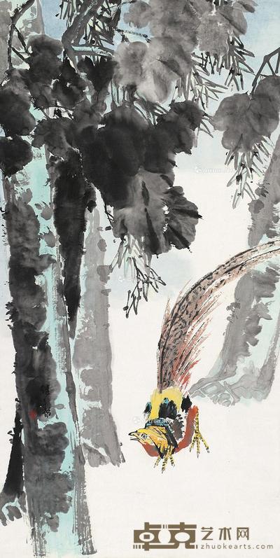  梧桐锦鸡 镜片 设色纸本 136×68cm