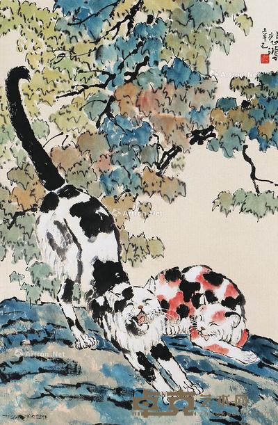 猫趣图 立轴 纸本 73×49cm