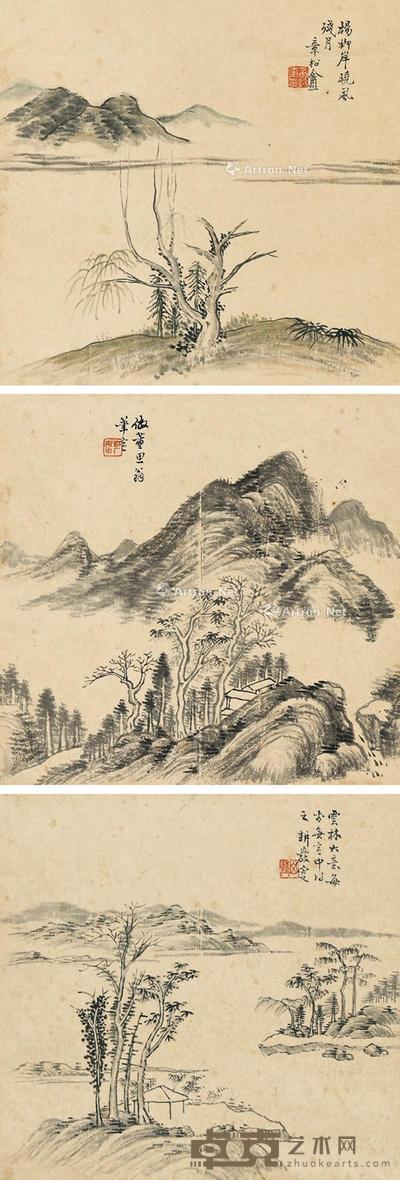  疏林清远三挖 屏轴 设色纸本三挖 25.5×26.5cm×3