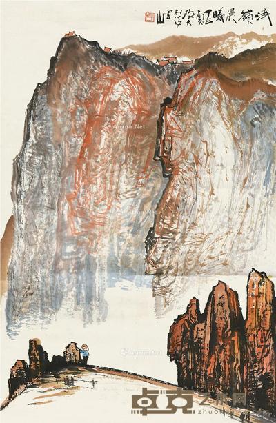 丁巳(1987)年作 涐岭晨曦 立轴 设色纸本 68×45cm