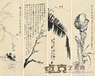  花卉词意 四屏 水墨纸本 94×28.5cm×4