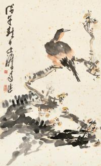  戊子（1948）年作 鸟栖高枝 镜片 设色纸本