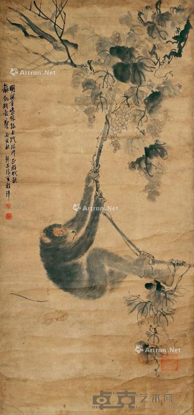  猴戏图 立轴 纸本 129×60cm