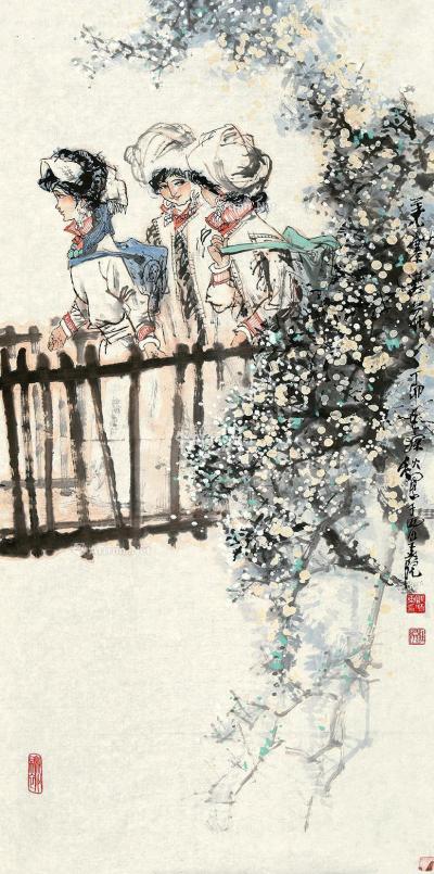  丁卯（1987）年作 羌寨春花 镜片 设色纸本