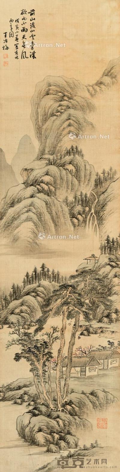  戊寅（1878）年作 春林雨窗图 立轴 设色绢本 127×32cm