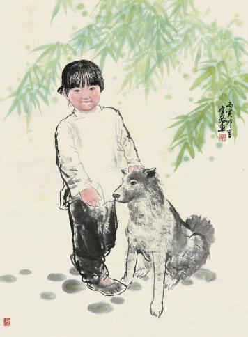  丙寅（1986）年作 少女与狗 立轴 设色纸本