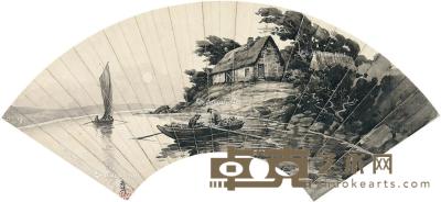  渔村小景 扇片 水墨纸本 18×51cm