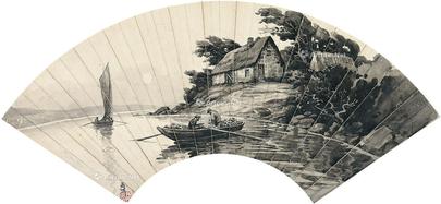  渔村小景 扇片 水墨纸本
