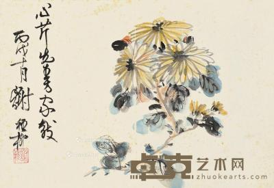  丙戌（1946）年作 傲菊图 册页片 设色纸本 21×30cm