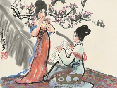  花下乐女图 立轴 设色纸本 34×45.5cm