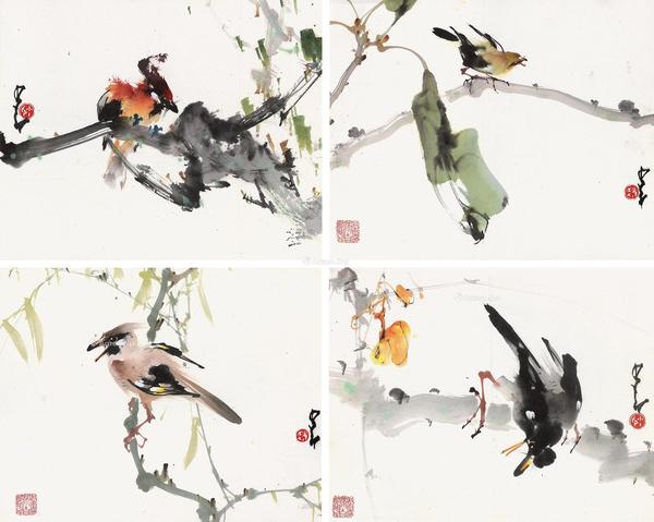  花鸟 （四帧） 镜片 设色纸本