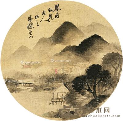  远山烟霭 团扇片 设色绢本 直径24.5cm