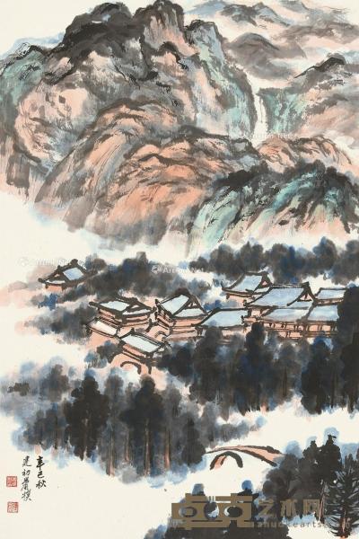  辛巳（1941）年作 深山古寺白云中 立轴 设色纸本 68×45.5cm