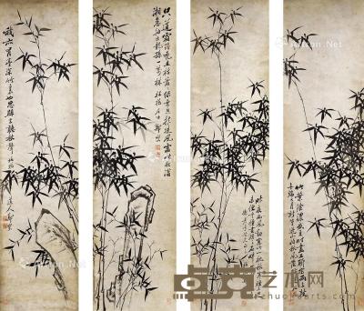  竹石图 立轴 纸本 180×49cm×4