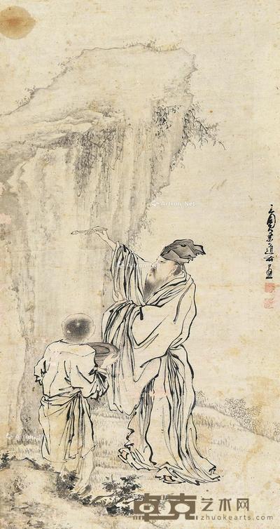 石上作画图 立轴 设色纸本 102×55cm