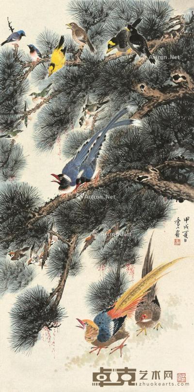  甲戌（1994）年作 群鸟伴松图 镜片 设色纸本 138×69cm