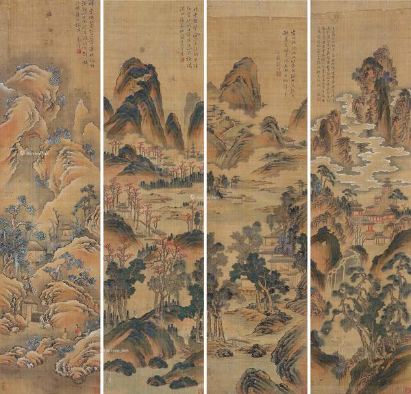  四季山水 屏轴 绢本