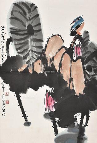  荷塘小鸟 挂轴 设色纸本
