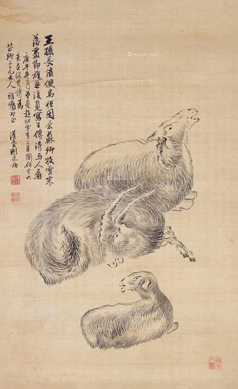  三羊启泰 挂轴 水墨绢本
