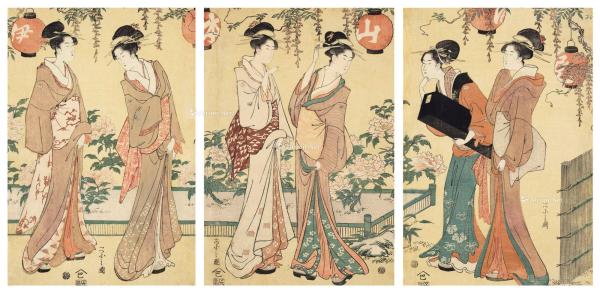  Women admiring peony blossoms under a wisteria trellis