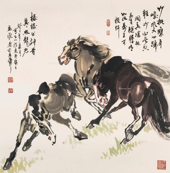  2013年作 三马图 镜片 设色纸本