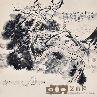 高士泛舟 立轴 纸本 68×67cm