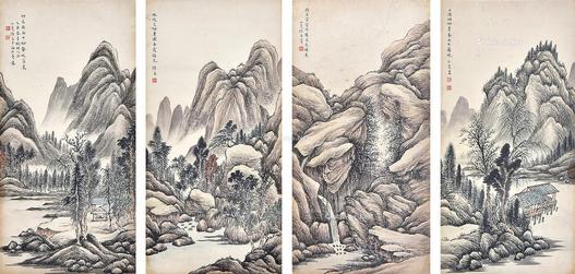  山水 立轴 四屏纸本