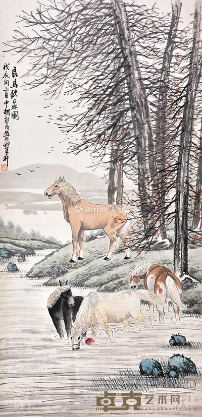 良马饮泉图 立轴 纸本 136×66cm