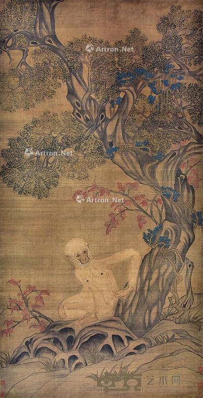 柏猿图 立轴 绢本 179×91cm