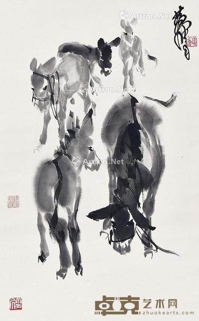 五驴图 立轴 纸本 69×43cm