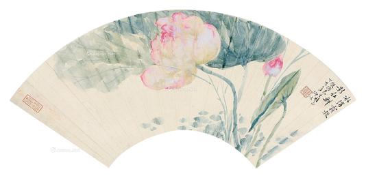  丁亥（1947年）作 荷花 扇页 设色纸本