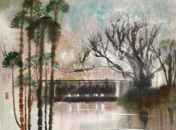  细雨染亭 镜片带框 彩墨画