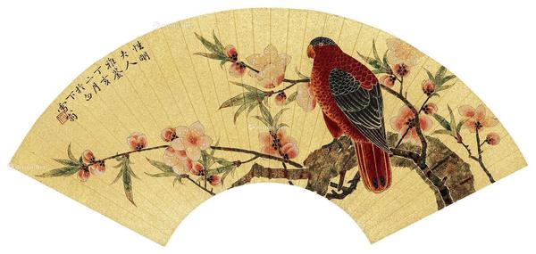  丁亥（1947年）作 海棠鹦鹉 扇面 金笺
