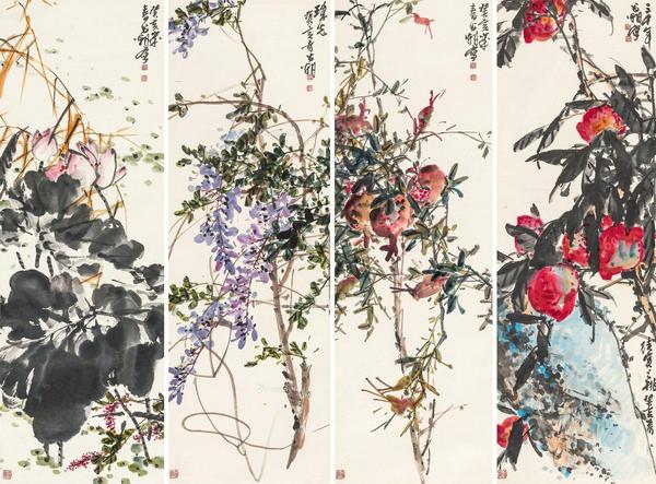  癸亥（1983年）作 花卉 四屏 纸本
