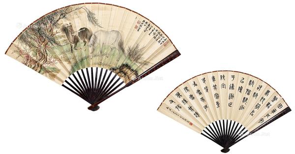  双骏图书法 成扇 设色纸本