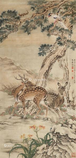  福禄寿图 立轴 设色绢本