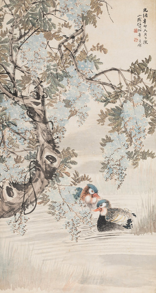  辛卯（1891年）作 紫藤鸳鸯 镜心 纸本