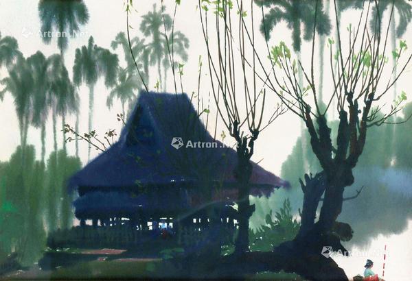  版纳小景 镜片带框 彩墨画