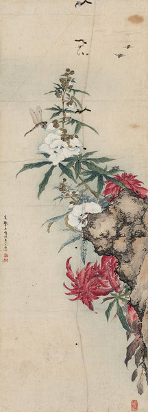  草虫花卉 立轴 纸本