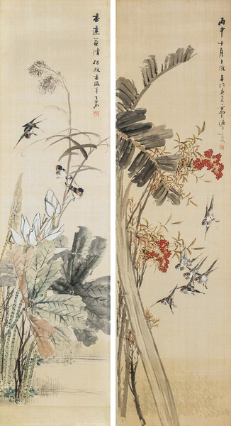  丙申（1896年）作 花鸟 （二幅） 镜心 绢本