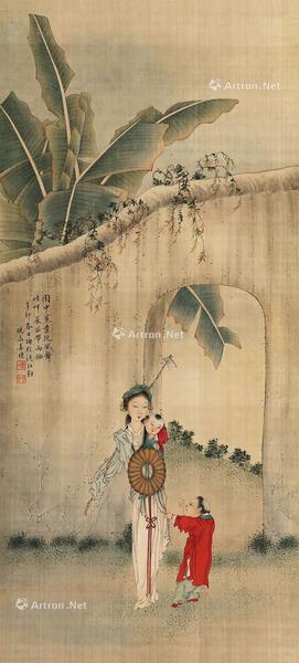  园中佳人 立轴 设色绢本