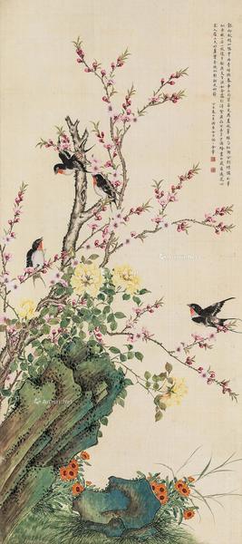  丁未（1907年）作 桃花春燕 立轴 绢本