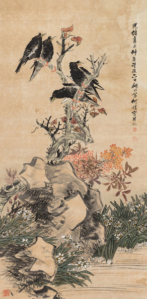  辛丑（1901年）作 冬景花鸟 立轴 设色纸本