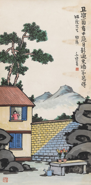  推窗看月 立轴 设色纸本