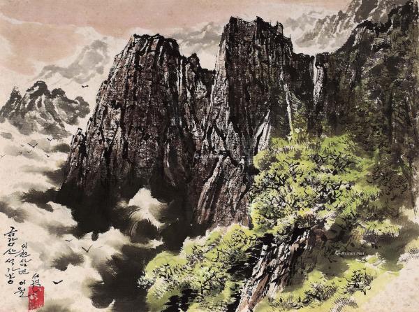  金刚山石佳峰的风景 镜片 设色纸本