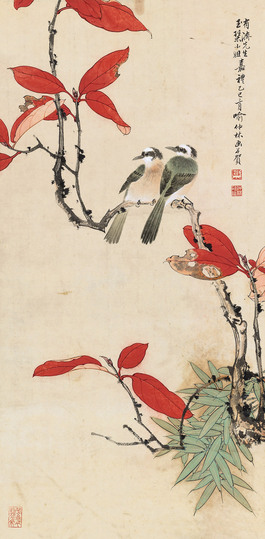  乙巳（1965年）作 红叶双栖 立轴 设色纸本