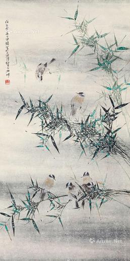  竹雀图 立轴 设色纸本