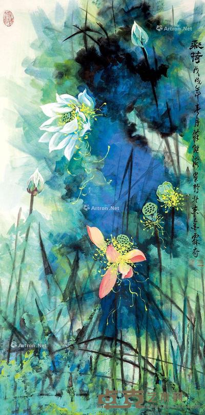 2018年作 彩荷 镜心 设色纸本 138×68cm